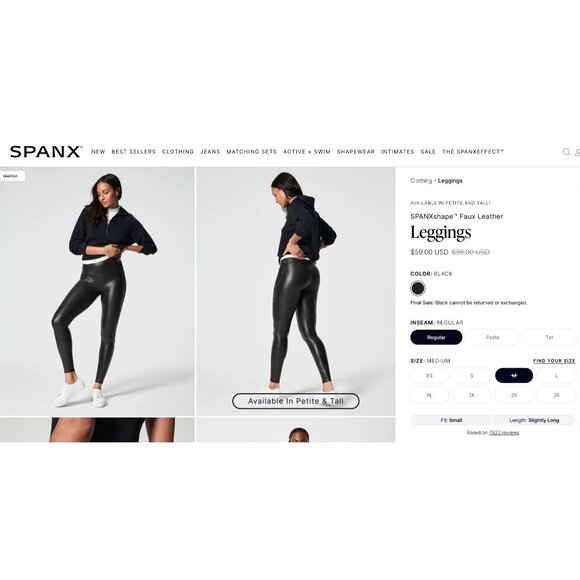 Spanx Black‎ Liquid Faux-Leather Leggings Size M Style 2437 Spanxshape Stretch - Picture 5 of 12